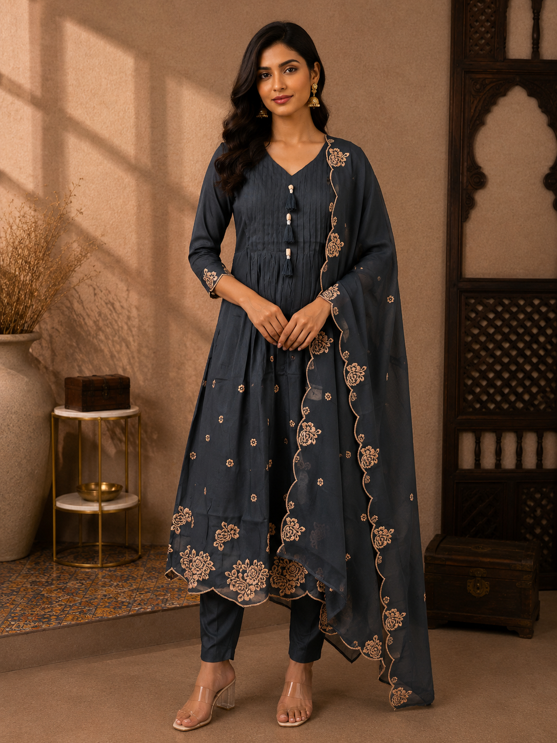 Premium Mul Chanderi Embroidered Anarkali Suit Set with Embroidered Dupatta – Slate Blue