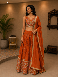 Burnt Orange Embroidered Silk Lehenga Set