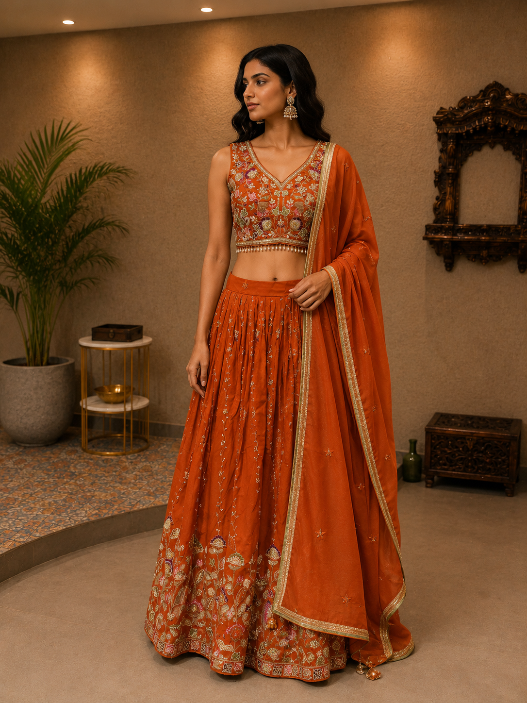 Burnt Orange Embroidered Silk Lehenga Set