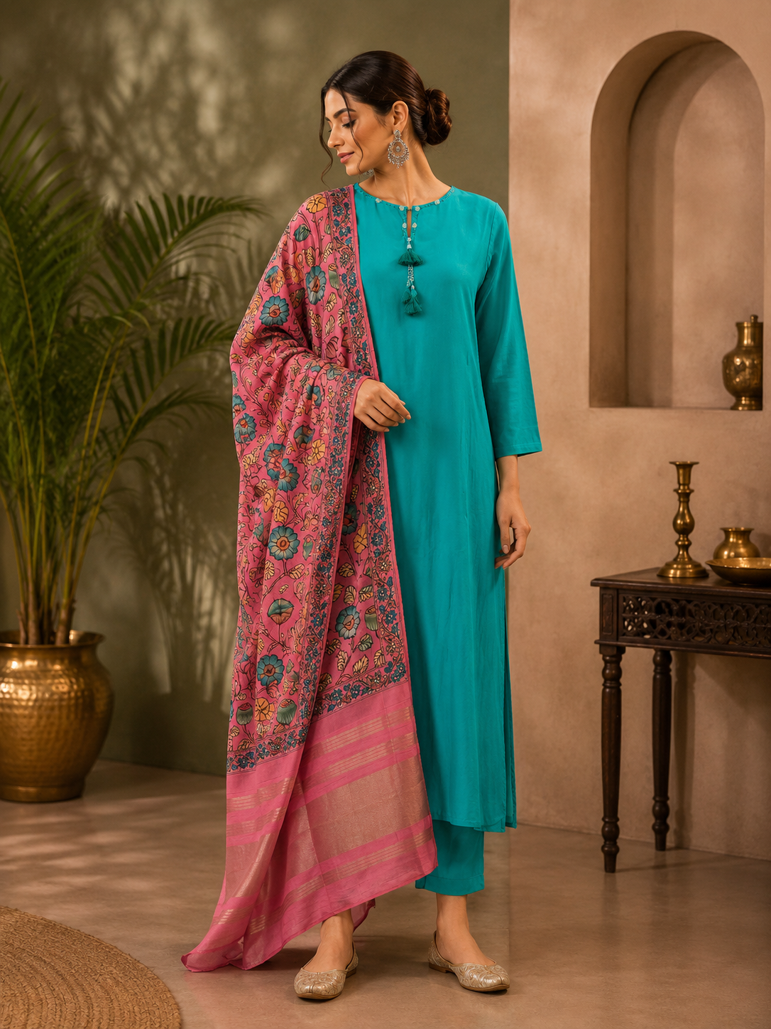 Teal Silk Straight Suit Set with Floral Printed Pink Dupatta