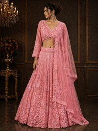 Women's Blush Pink Heavy Embroidered Net Lehenga Choli with Dupatta