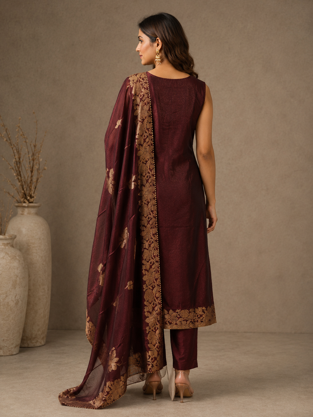 Elegant Brown Silk Straight Suit Set with Floral Woven Dupatta