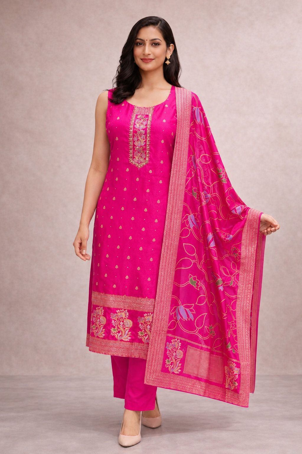 Rani Pink Embroidered Kurta Set with Printed Dupatta