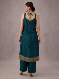 Women's Teal Blue Silk Embroidered Kurta Pant Set with Dupatta
