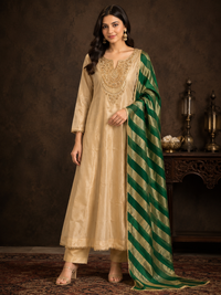 Premium Silk A-Line Suit Set with Dull Gold Broad Stripes & Green Woven Dupatta – Champagne Gold