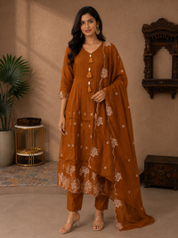 Premium Mul Chanderi Embroidered A-Line Suit Set with Mul Chanderi Dupatta – Cinnamon Brown