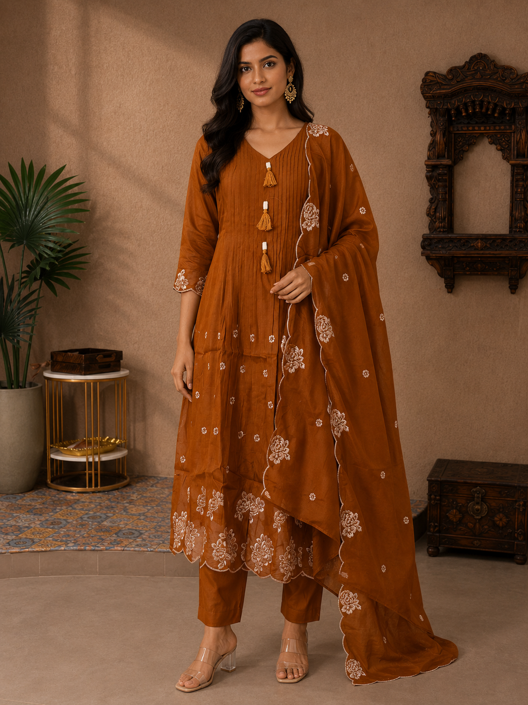 Premium Mul Chanderi Embroidered A-Line Suit Set with Mul Chanderi Dupatta – Cinnamon Brown