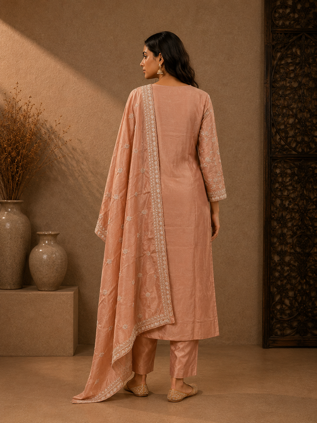 Dusty Rose Tissue Silk Embroidered Kurta Set with Matching Dupatta