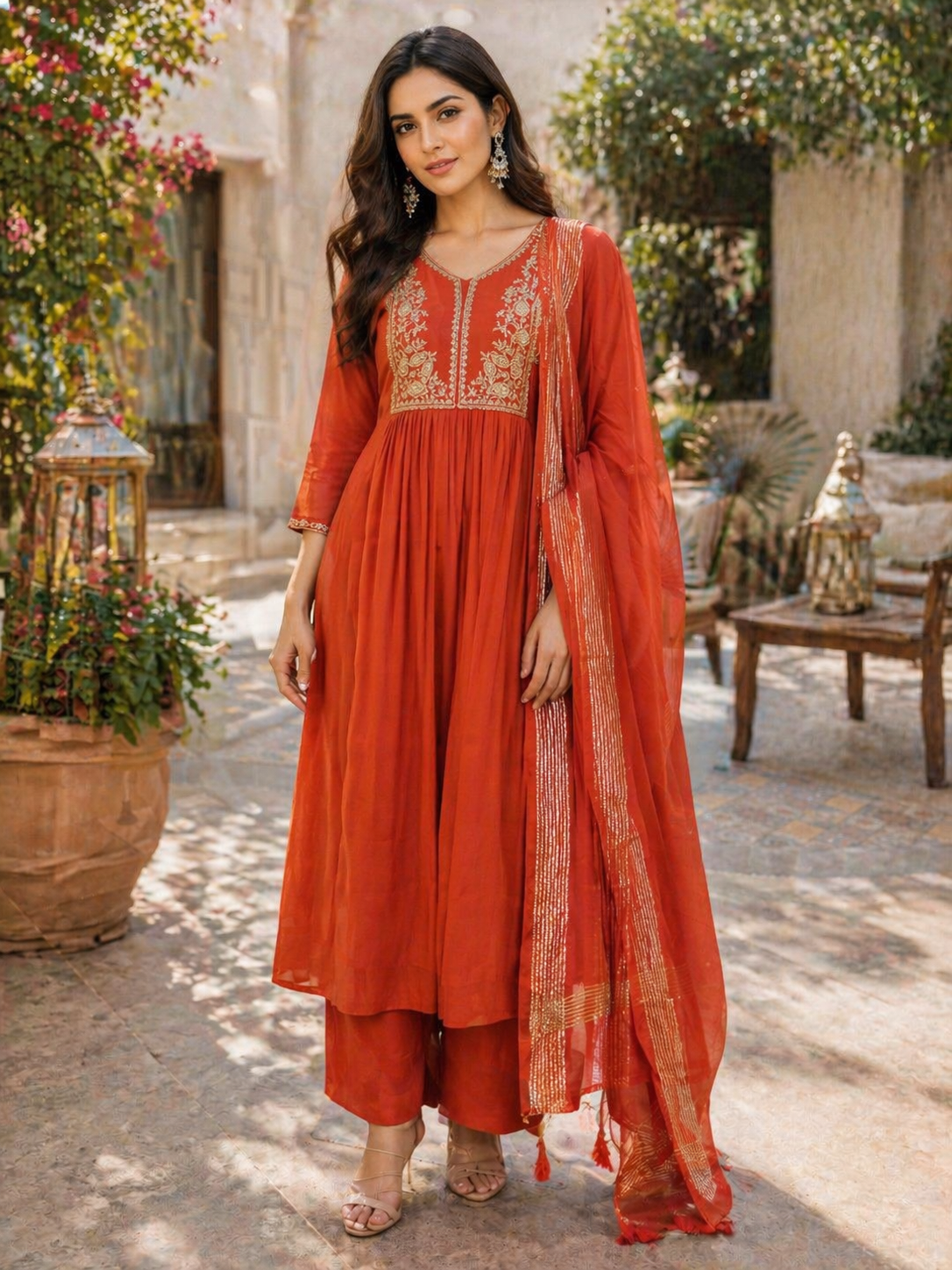 Rust Orange Mul Chanderi Anarkali Kurta Set with Embroidered Yoke & Dupatta