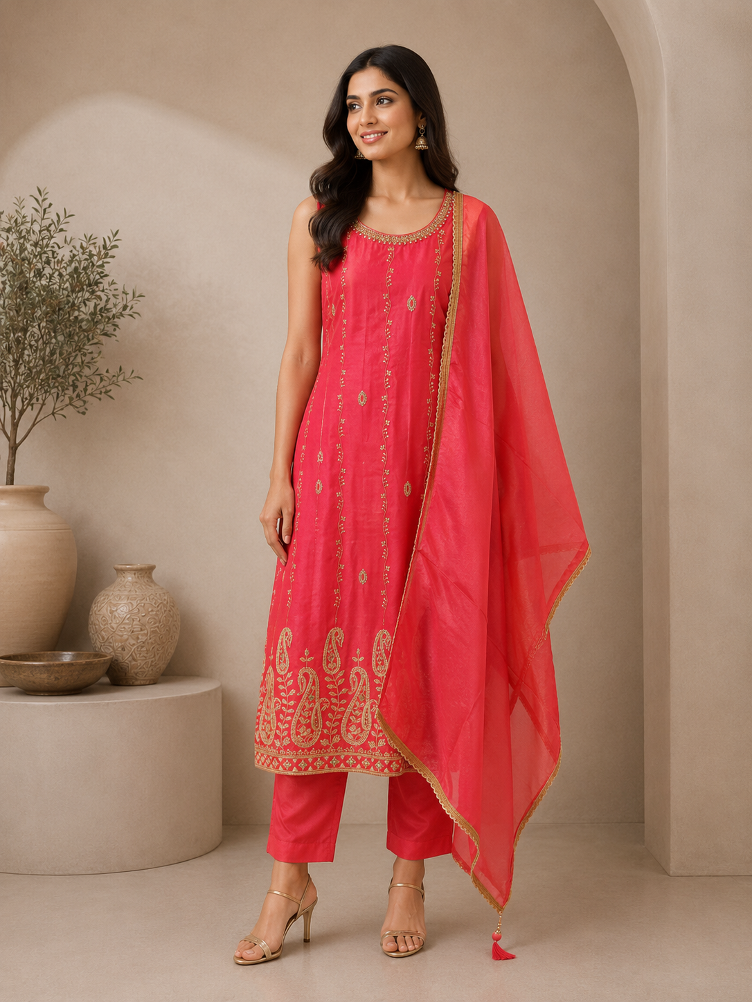 Coral Pink Tissue Silk Embroidered Designer Suit Set with Dupatta