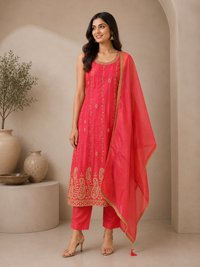 Coral Pink Tissue Silk Embroidered Designer Suit Set with Dupatta
