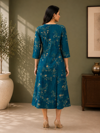 Teal Blue Muslin Silk Floral Printed A-Line Dress for Women – Rithika Suits