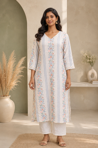Off-White Floral Printed Cotton Kurta Set