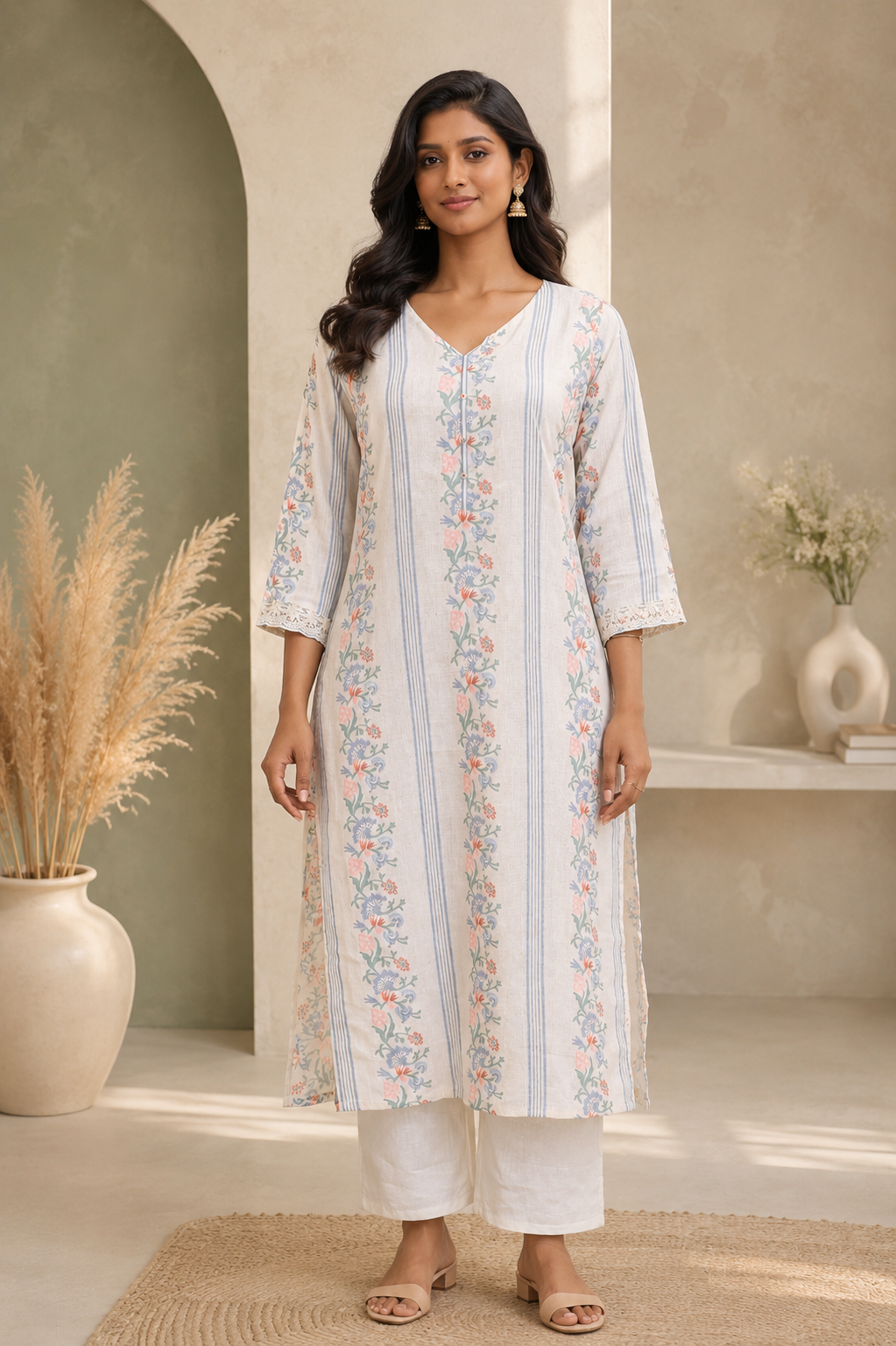 Off-White Floral Printed Cotton Kurta Set
