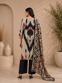 Women's Ikkat Print Pure Chanderi Silk Kurta Pant Set with Dupatta