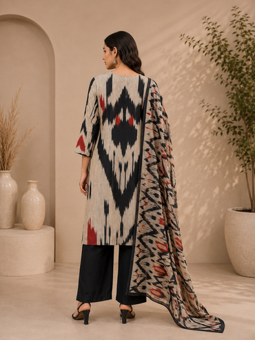 Women's Ikkat Print Pure Chanderi Silk Kurta Pant Set with Dupatta