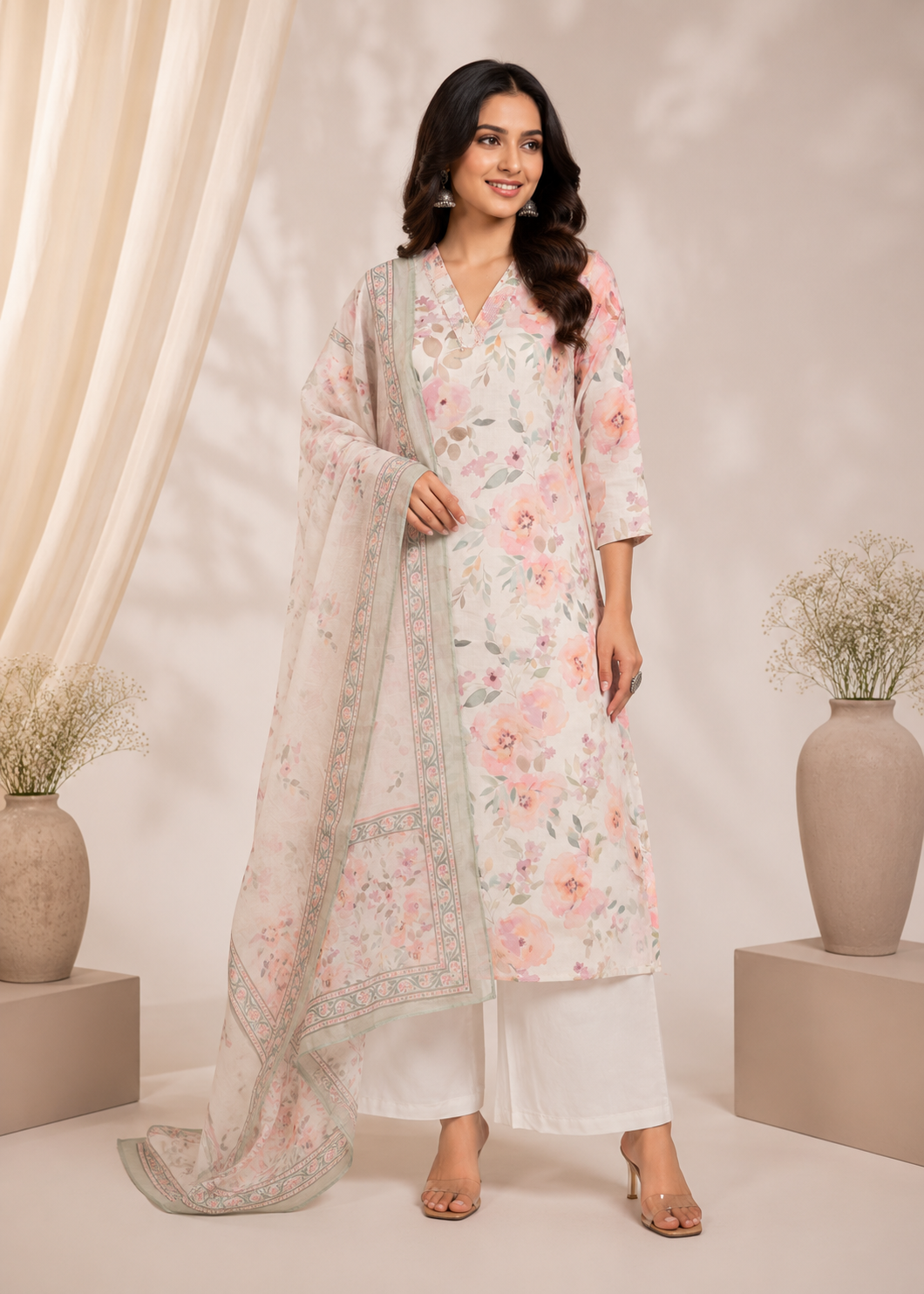 Pastel Floral Printed Cotton Kurta Set with Dupatta