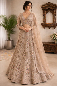 Beige Net Embroidered Lehenga Set