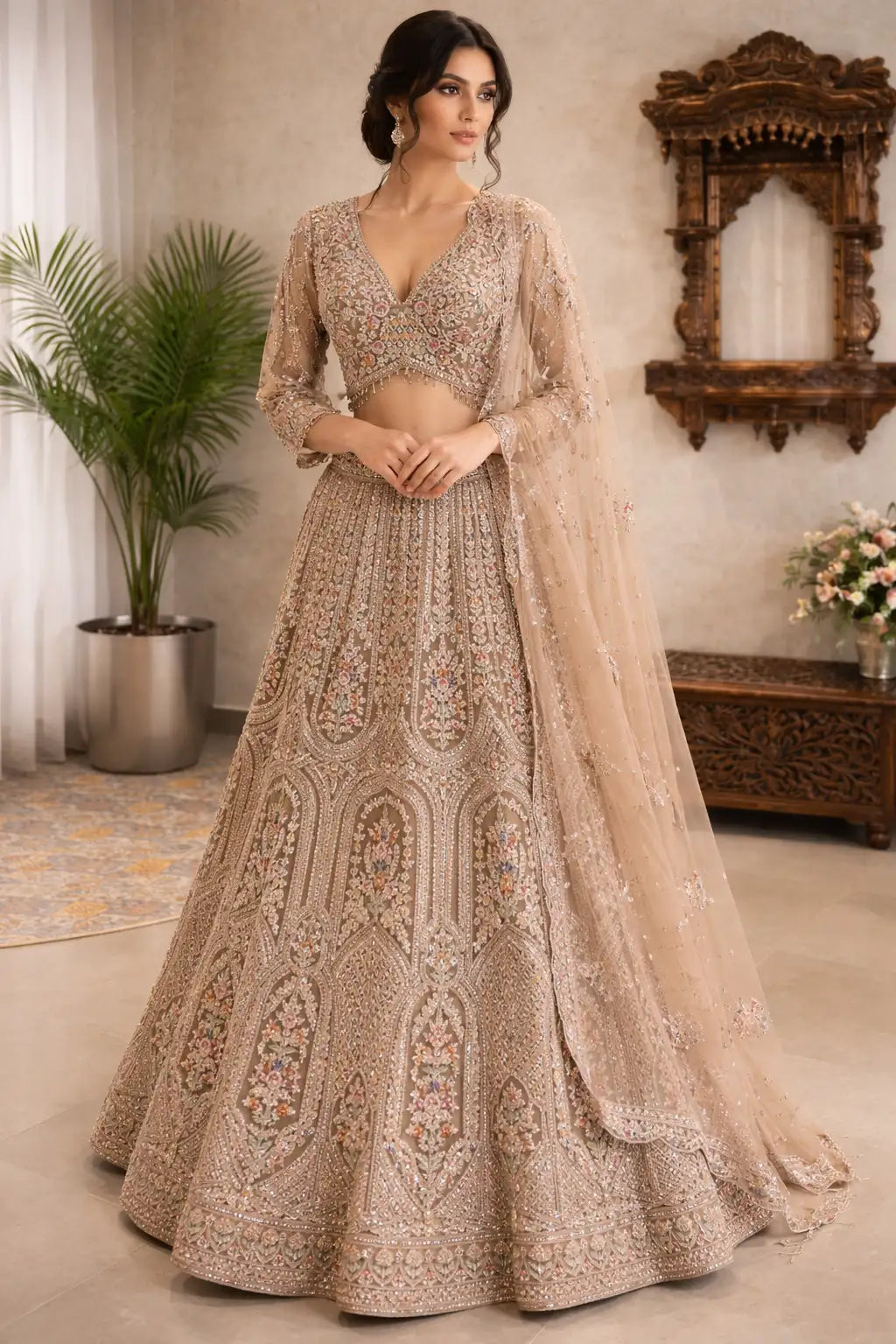 Beige Net Embroidered Lehenga Set
