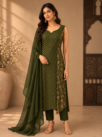 Elegant Olive Green Silk Straight Suit Set with Embroidered Dupatta