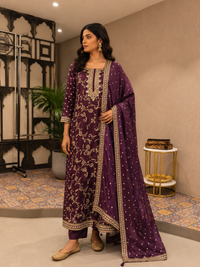 Royal Purple Vichitra Silk A-Line Embroidered Kurta Set with Dupatta