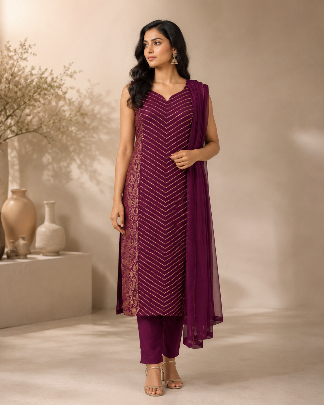 Premium Brocade Silk Straight Suit Set with Chiffon Dupatta – Wine Purple