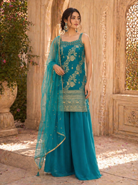 Teal Blue Tissue Silk Kurta Set with Palazzo & Dupatta | Festive & Wedding Wear