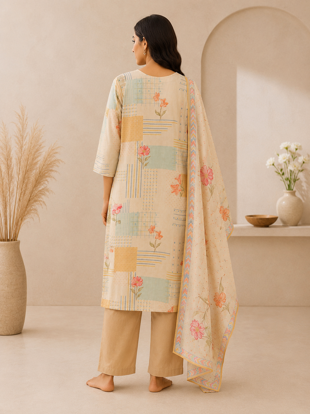 Women's Floral Print Soft Silk Kurta Pant Set with Dupatta