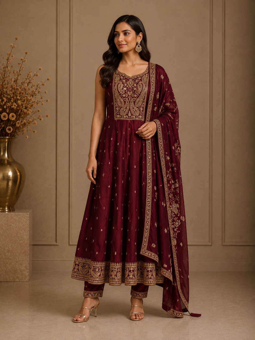 Wine Vichitra Silk Embroidered Anarkali Suit Set with Dupatta