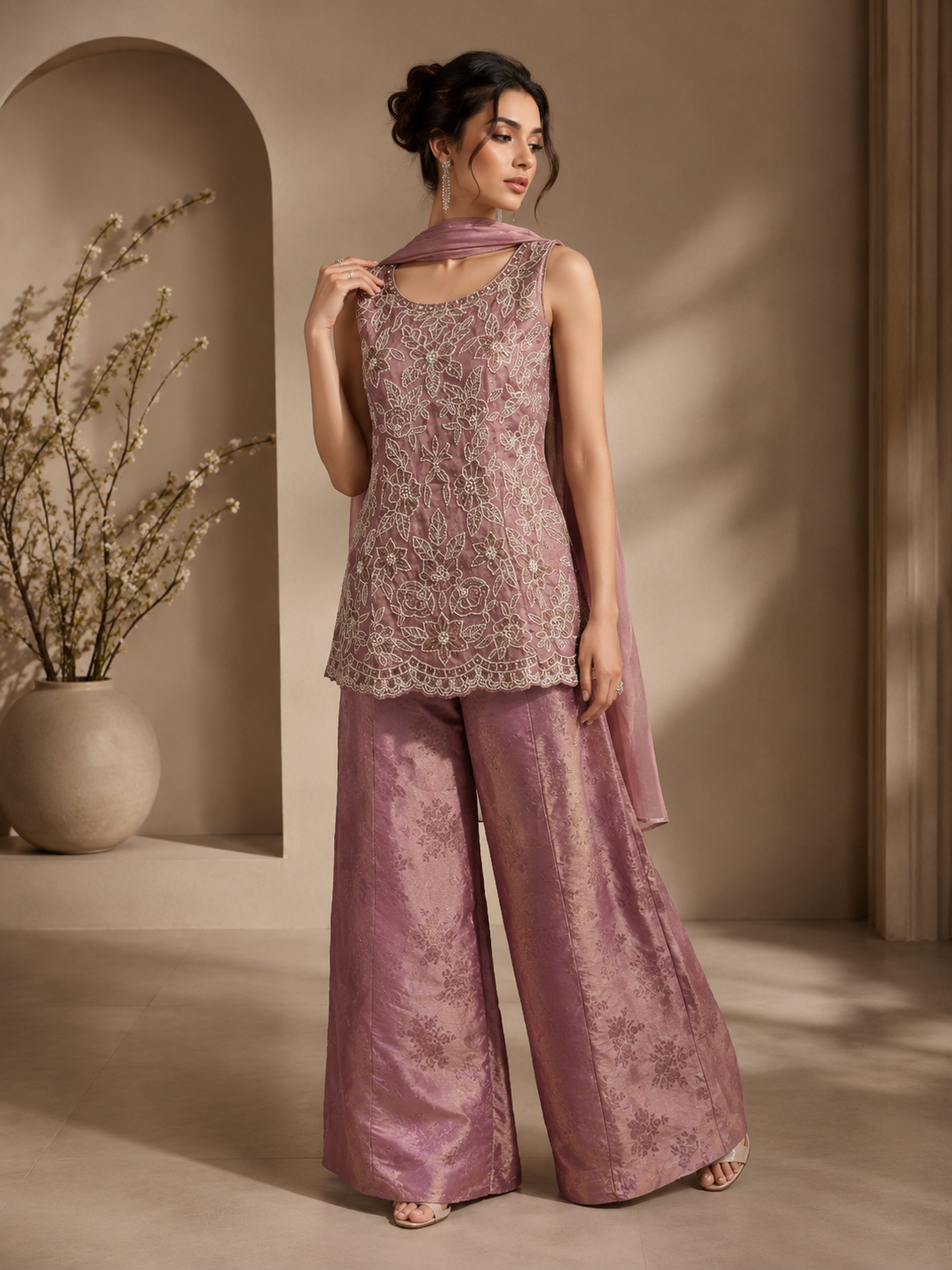 Dusty Rose Silk Kurta Set with Palazzo & Dupatta | Elegant Wedding & Festive Wear
