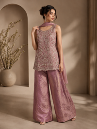 Dusty Rose Silk Kurta Set with Palazzo & Dupatta | Elegant Wedding & Festive Wear
