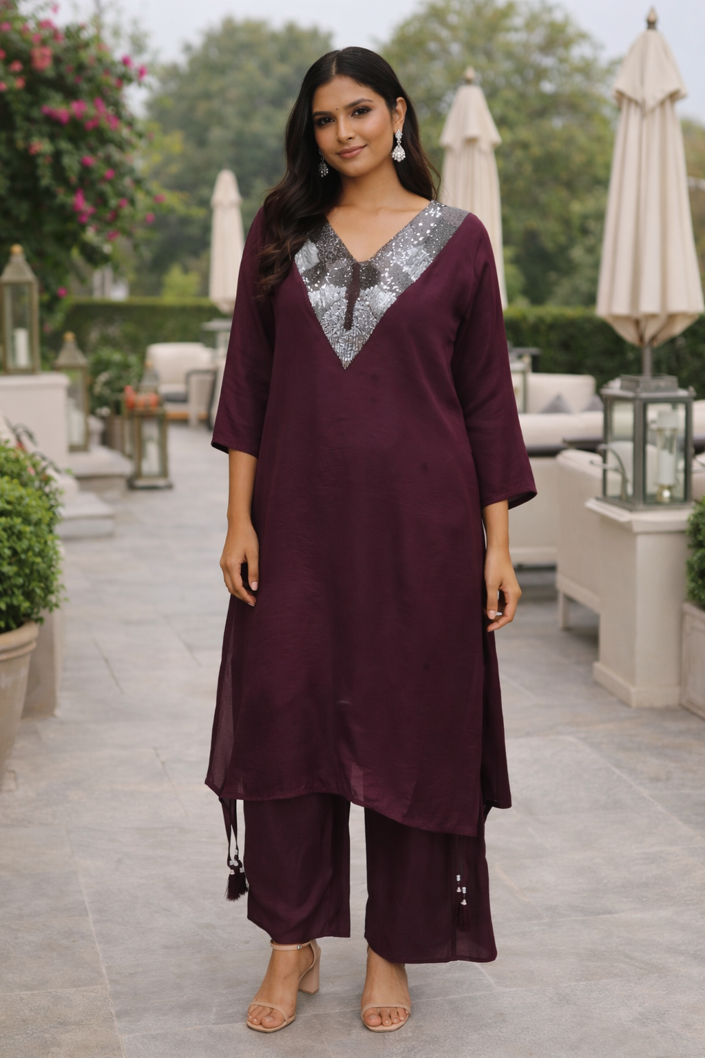 Deep Wine Silk Kurta Set with Metallic Embroidered V-Neck Detail