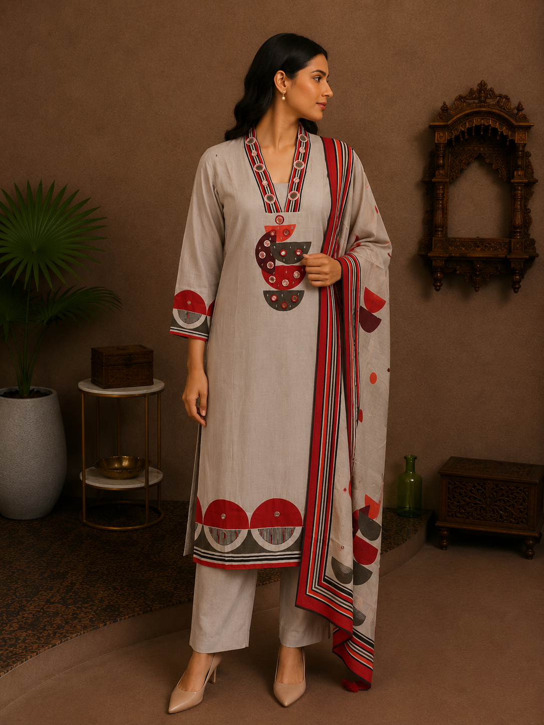 Stone Beige Silk Printed Suit Set with Contrast Dupatta