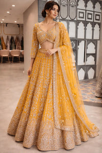 Mustard Yellow Net Embroidered Lehenga Set