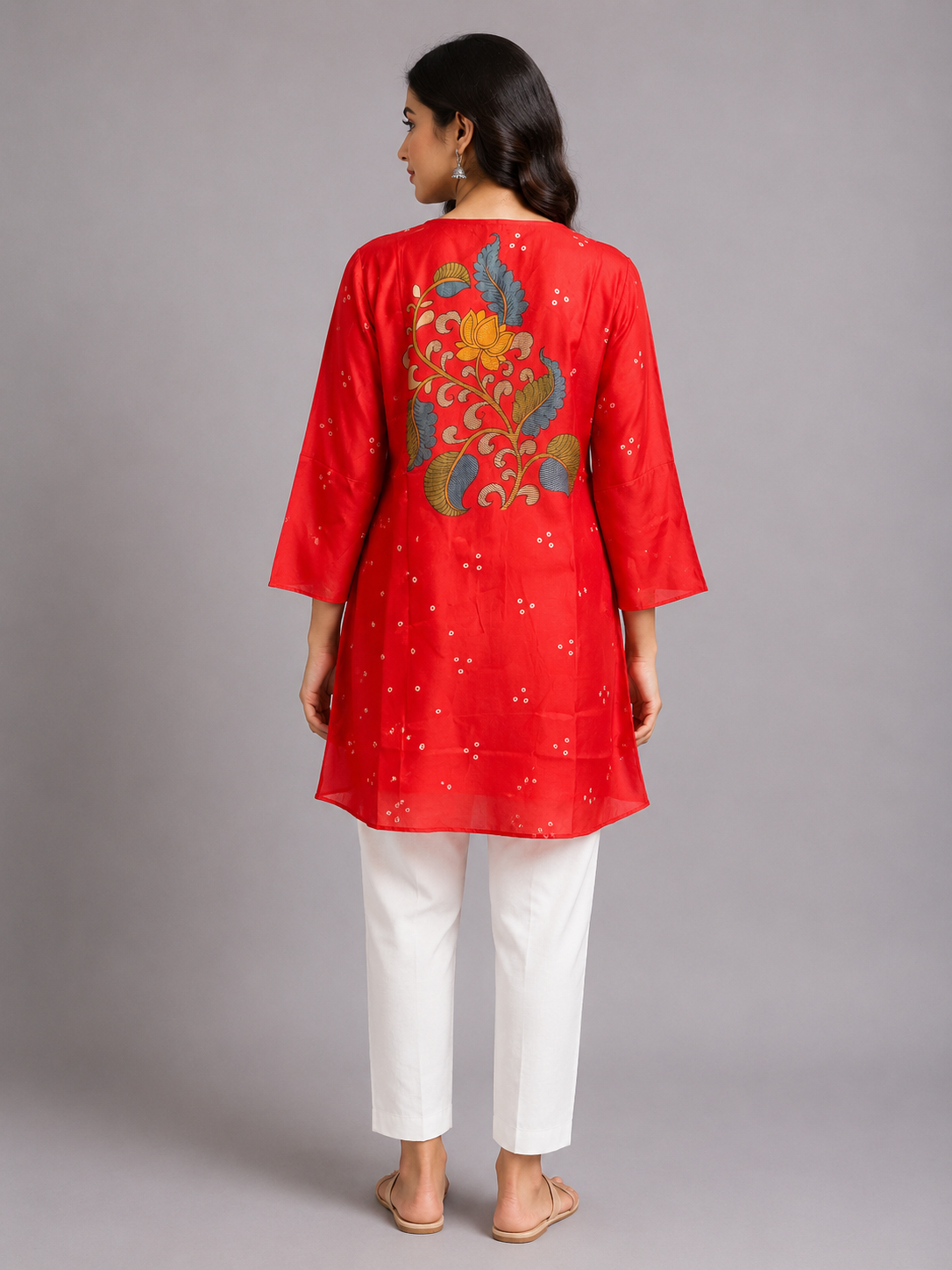 Vermilion Red Printed Silk Short Kurta