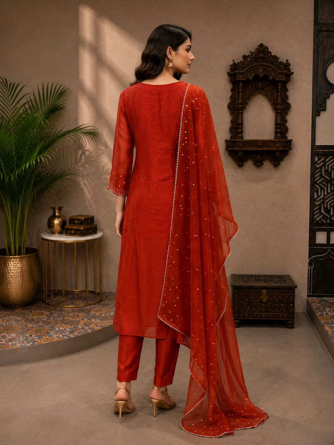 Women's Rust Red Mul Chanderi Embroidered Kurta Pant Set with Dupatta