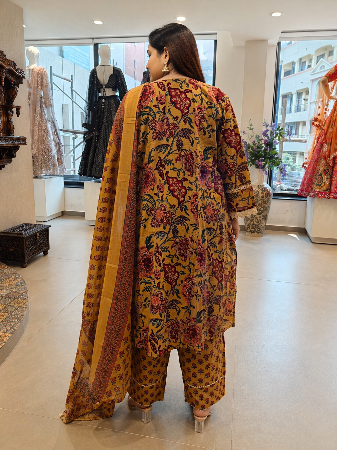 Women's Mustard Floral Printed Cotton Kurta Pant Set with Dupatta