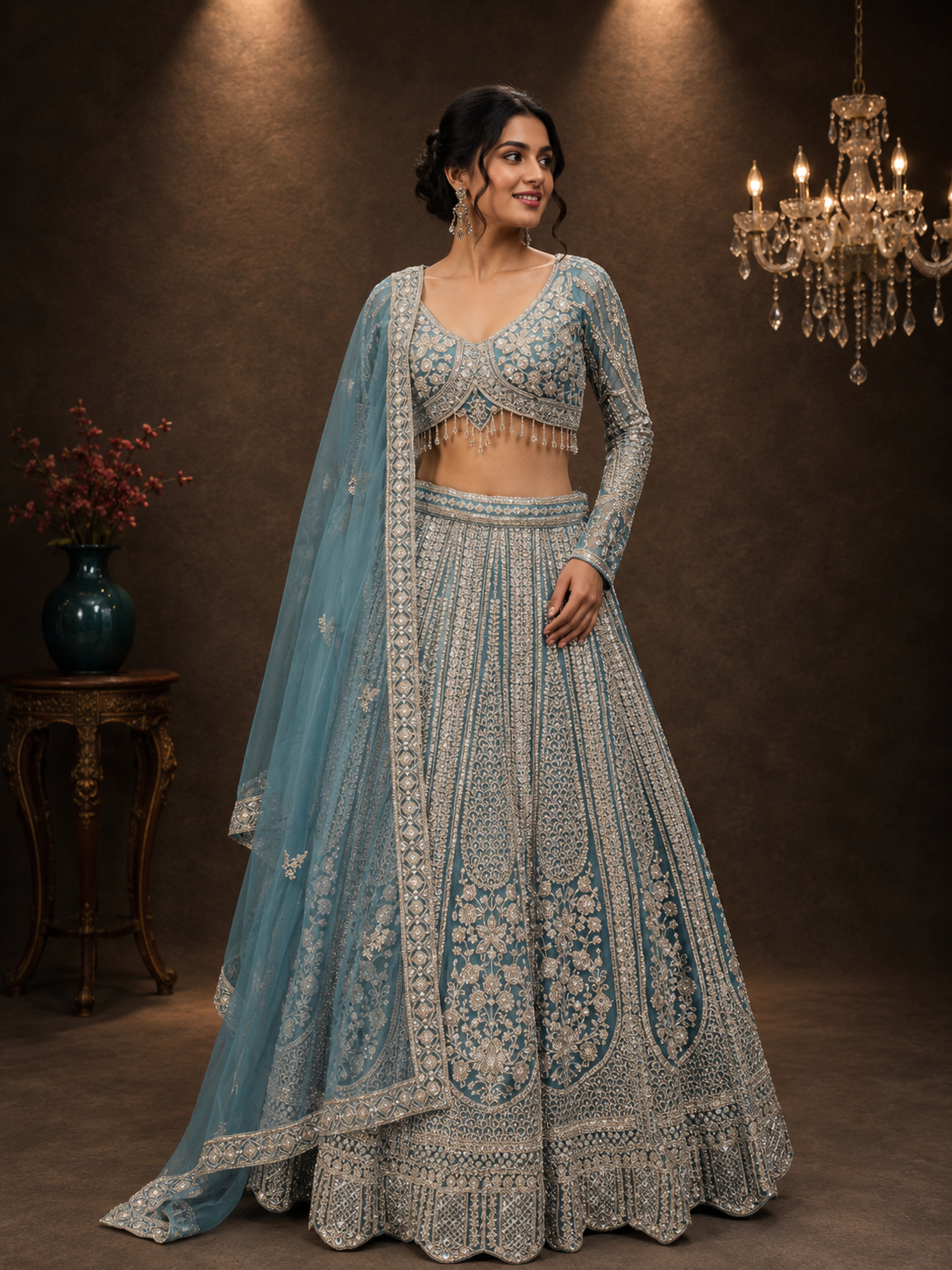 Sky Blue Silk Designer Lehenga Choli with Heavy Embroidery & Net Dupatta