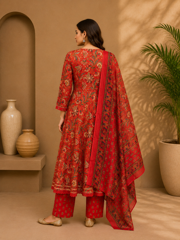 Women's Cotton Angrakha Kurta Pant Set with Dupatta & Gota Patti Work