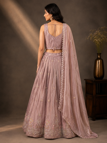 Dusty Mauve Tissue Silk Lehenga Set with Floral Embroidered Blouse
