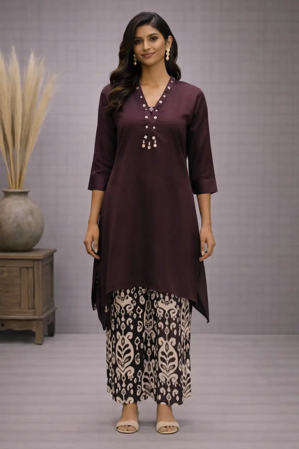 Women's Maroon Cotton Satin Asymmetrical Kurta Palazzo Set
