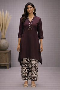 Women's Maroon Cotton Satin Asymmetrical Kurta Palazzo Set