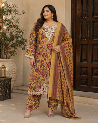 Women's Mustard Floral Printed Cotton Kurta Pant Set with Dupatta