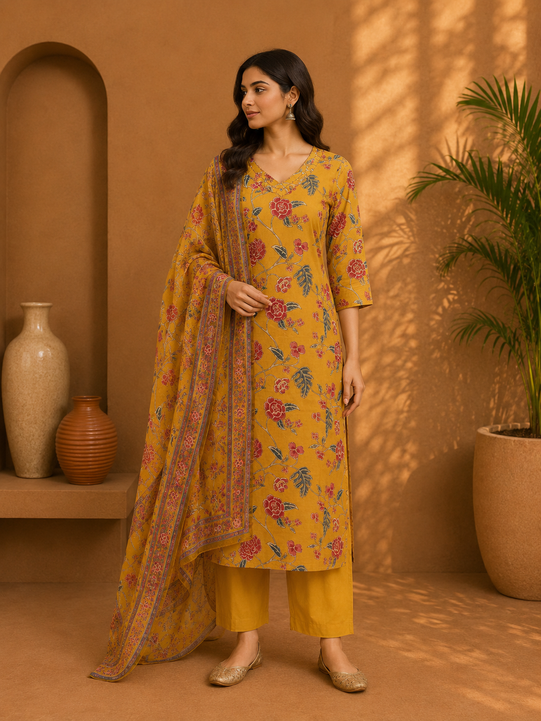 Women's Cotton Floral Print Kurta Pant Set with Dupatta
