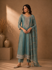 Sea Green Tissue Silk Embroidered Straight Cut Suit Set with Dupatta