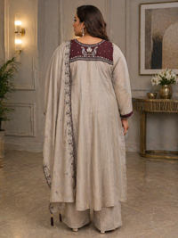Elegant Taupe Embroidered Silk Anarkali Kurta Set with Dupatta