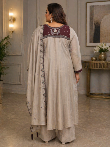 Elegant Taupe Embroidered Silk Anarkali Kurta Set with Dupatta