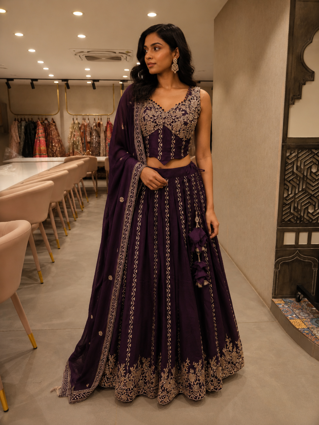 Deep Aubergine Embroidered Silk Lehenga Set