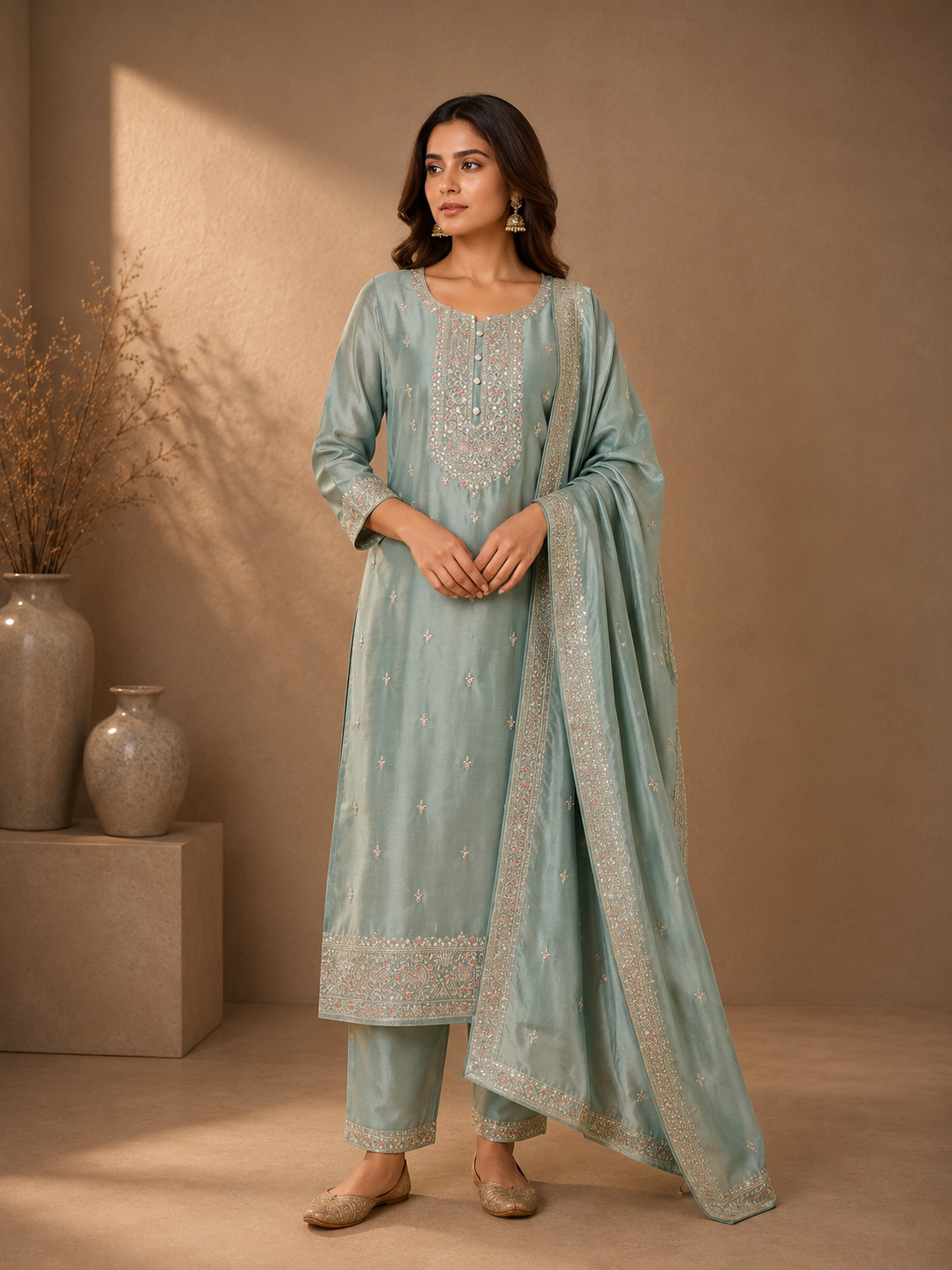 Sea Green Soft Silk Embroidered Kurta Set with Matching Dupatta