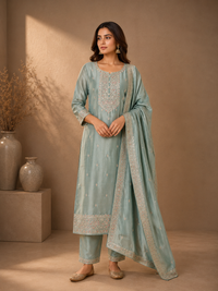 Sea Green Soft Silk Embroidered Kurta Set with Matching Dupatta